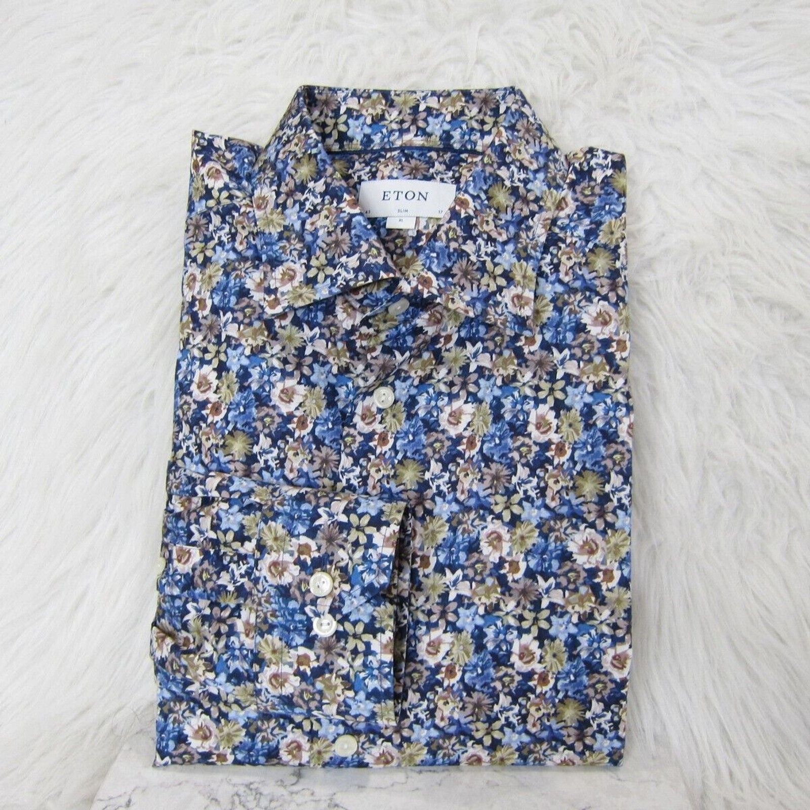 Eton Mens Navy Blue Floral Slim Fit 100% Cotton Dress Shirt Size Xl 43 17